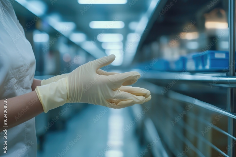 A scientist working with hazardous materials wears protective gear including a lab coat and latex gloves A scientist working with hazardous materials wears protective gear including a lab coat and latex gloves