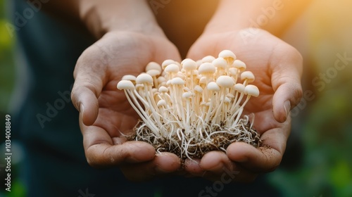 Bright, natural lighting highlights a person holding a cluster of mushrooms, emphasizing the beauty of fresh fungi and their potential for culinary use. photo