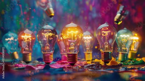 Brightly lit light bulbs stand out against vibrant, colorful background, creating striking visual effect. interplay of light and color evokes sense of creativity and inspiration