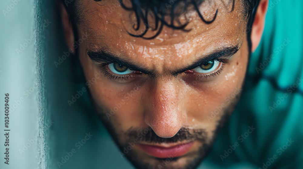 Fototapeta premium Intense portrait of a focused male athlete, showcasing determination. Sweat glistens on his skin, capturing a moment of raw emotion and effort.
