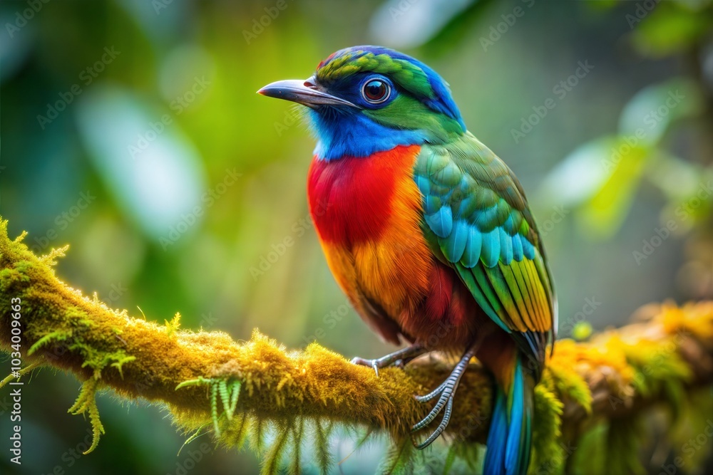 Obraz premium Colorful bird perched on branch in rainforest