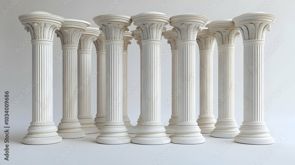 3D Floating Democratic Pillars - Wide Shot of Classical Pillars Representing Democracy Principles Hovering Balanced with Engravings, Isolated on White Background 3D Floating Democratic Pillars - Wide Shot of Classical Pillars Representing Democracy Principles Hovering Balanced with Engravings, Isolated on White Background
