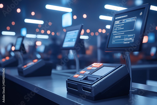 Modern retail checkout counter with touch screen interfaces and digital displays, showcasing advanced payment technology in a store setting.