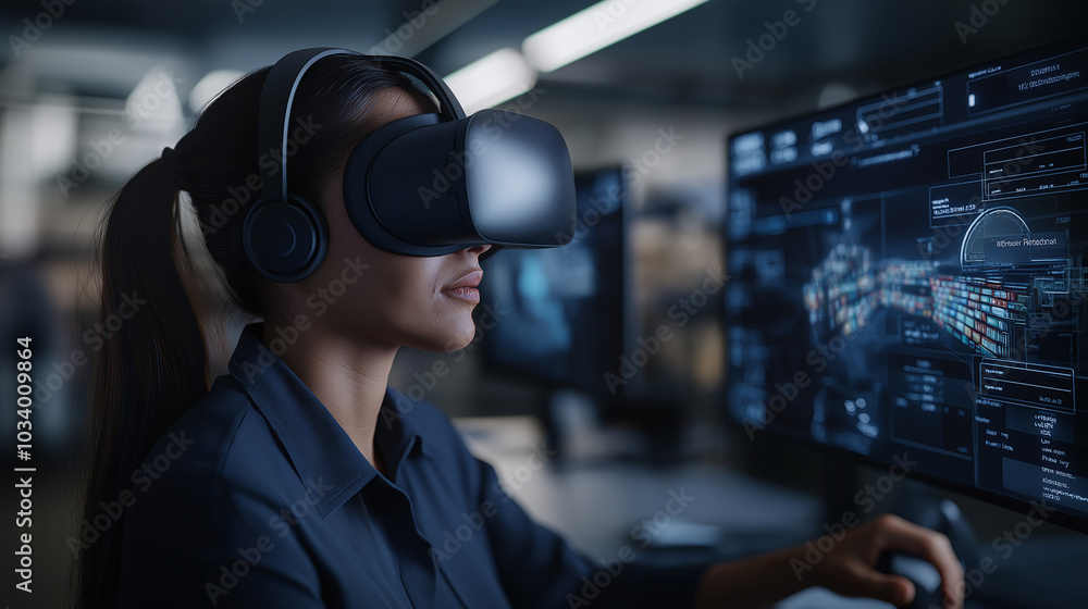 Woman in virtual reality headset working on high-tech computer with futuristic interface display, exploring digital innovations. Woman in virtual reality headset working on high-tech computer with futuristic interface display, exploring digital innovations.