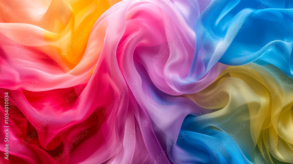 Obraz premium Textur Hintergrund, weich fließender Stoff in Regenbogenfarben, Generative AI