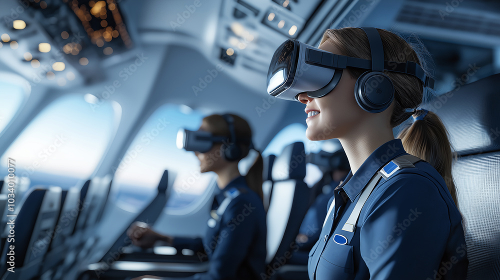 Pilots use virtual reality headsets for training in a flight simulator, experiencing realistic cockpit controls and immersive aviation scenarios. Pilots use virtual reality headsets for training in a flight simulator, experiencing realistic cockpit controls and immersive aviation scenarios.
