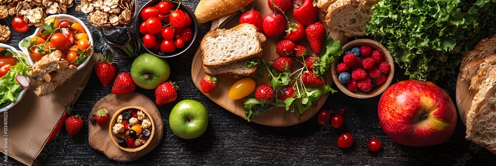 Aerial view of a picturesque picnic food setup featuring neatly arranged sandwiches fresh fruits and a cozy outdoor setting with a blanket and basket Aerial view of a picturesque picnic food setup featuring neatly arranged sandwiches fresh fruits and a cozy outdoor setting with a blanket and basket