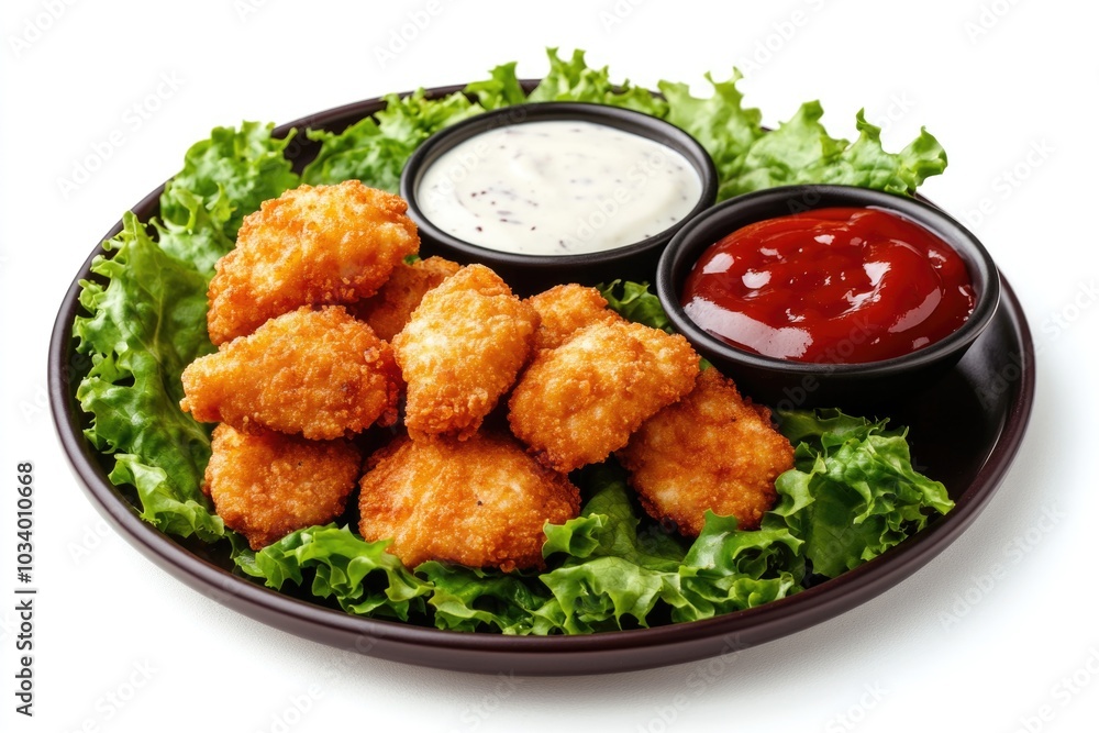 A plate of crispy fried chicken nuggets served with a side of ketchup A plate of crispy fried chicken nuggets served with a side of ketchup