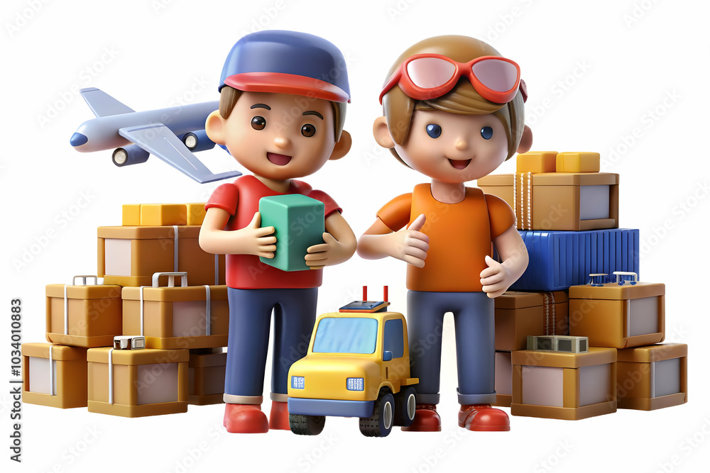 Kids Operating a Toy Shipping Hub: Two Enthusiastic Kids Showcase Logistical Skills with Toy Planes and Trucks on a Plain Background in a Fun and Candid Scene Kids Operating a Toy Shipping Hub: Two Enthusiastic Kids Showcase Logistical Skills with Toy Planes and Trucks on a Plain Background in a Fun and Candid Scene
