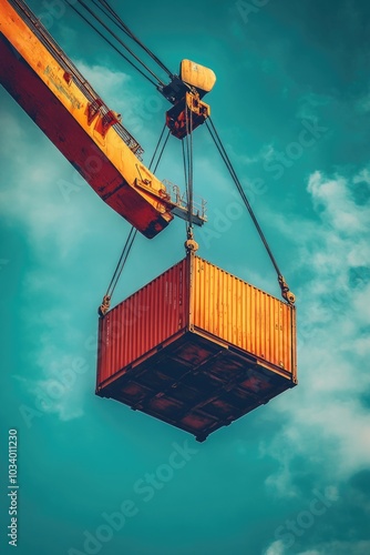 A crane lifts a container into the air for transportation or storage