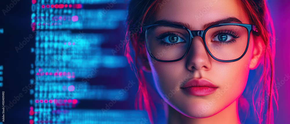A young woman with glasses gazes intently at a digital screen filled with colorful code, showcasing themes of technology and focus. A young woman with glasses gazes intently at a digital screen filled with colorful code, showcasing themes of technology and focus.