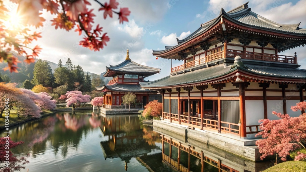 Fototapeta premium Traditional Japanese temple with cherry blossoms reflected in a pond.