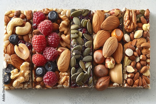 A colorful assortment of nut and fruit bars arranged neatly, showcasing healthy snacks.