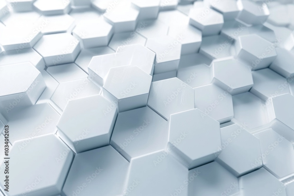 A close-up shot of a collection of white hexagonal tiles arranged on a white surface