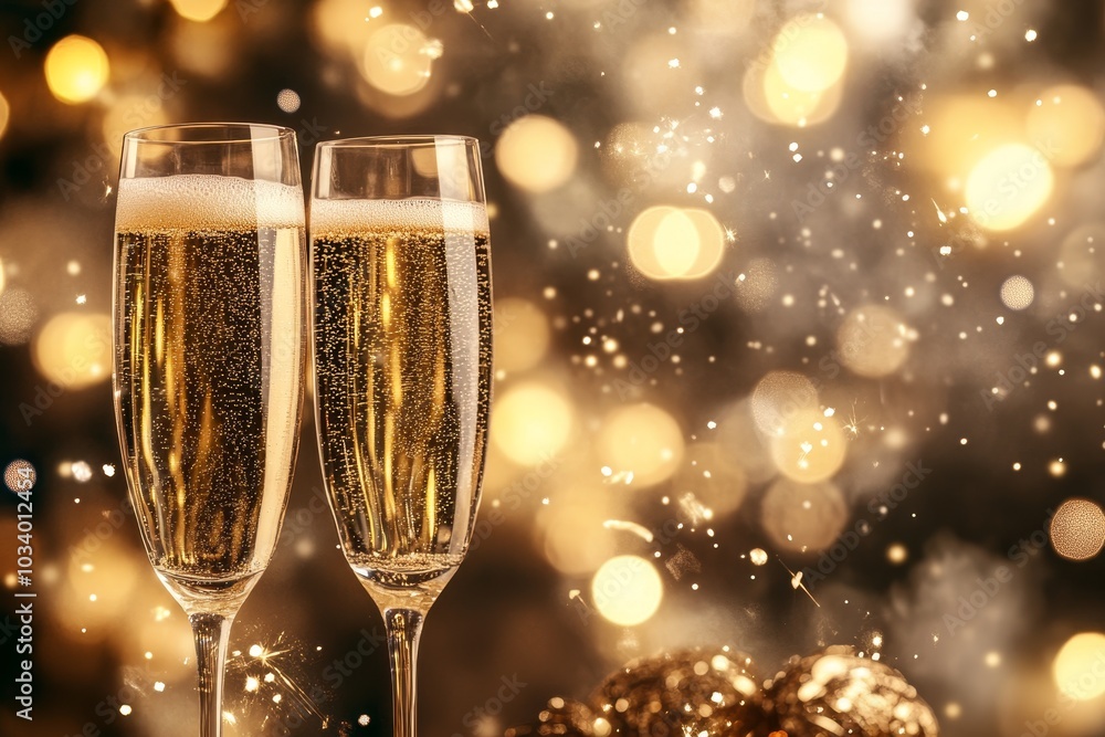 Festive Champagne Glasses Surrounded by Sparkling Lights for Celebrations Festive Champagne Glasses Surrounded by Sparkling Lights for Celebrations