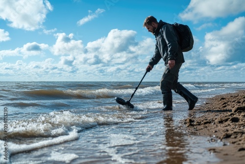 Man searches for treasures on sandy coastline with a metal detector, great for travel or adventure themes