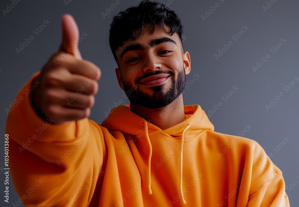 A young man wearing an orange sweatshirt is giving a thumbs-up gesture with his right hand and pointing at the viewer. A young man wearing an orange sweatshirt is giving a thumbs-up gesture with his right hand and pointing at the viewer.