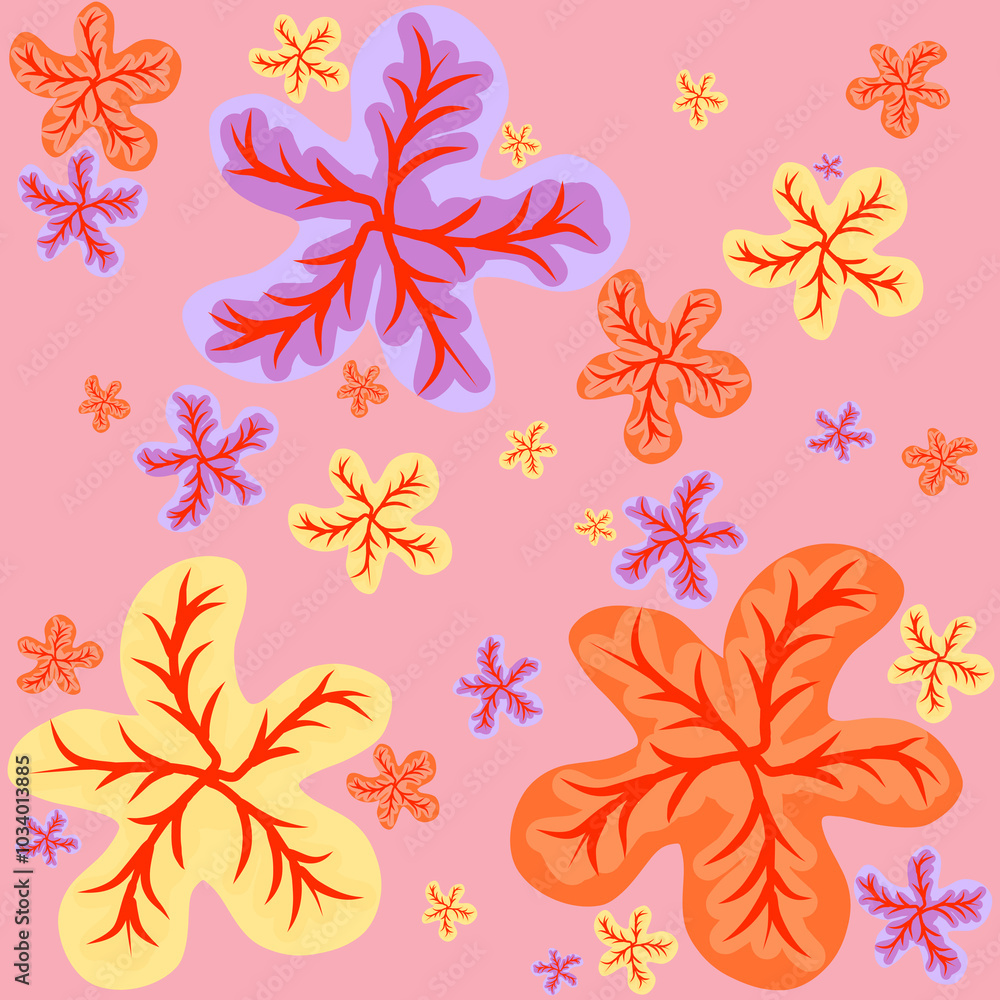 Fototapeta premium Vibrant seamless pattern featuring colorful abstract leaves with red veins on a pink background. Ideal for bold textile designs, wallpapers, and creative projects.