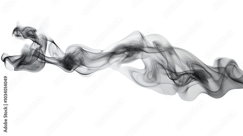 A graceful swirl of black smoke flows softly against a white background, creating an artistic pattern that evokes a sense of movement and magic
