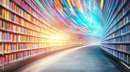 Futuristic digital library where walls are made of interactive holographic screens, books appearing at a touch, glowing with infinite knowledge