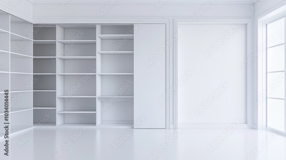 A spacious room filled with bookshelves, perfect for a home library or study A spacious room filled with bookshelves, perfect for a home library or study