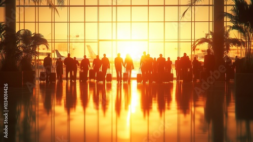 Silhouettes of passengers walking through a modern airport terminal at sunset, with planes visible outside the large glass windows.  photo