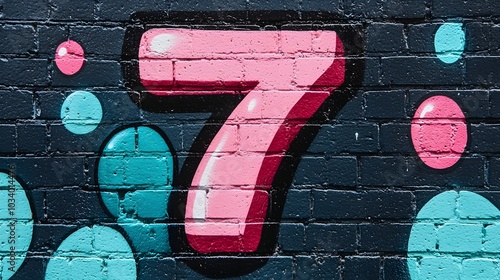 Vibrant and bold graffiti style artwork featuring the number 7 with a modern urban and feel  The colorful design is set against an isolated background creating a striking and creative visual element photo