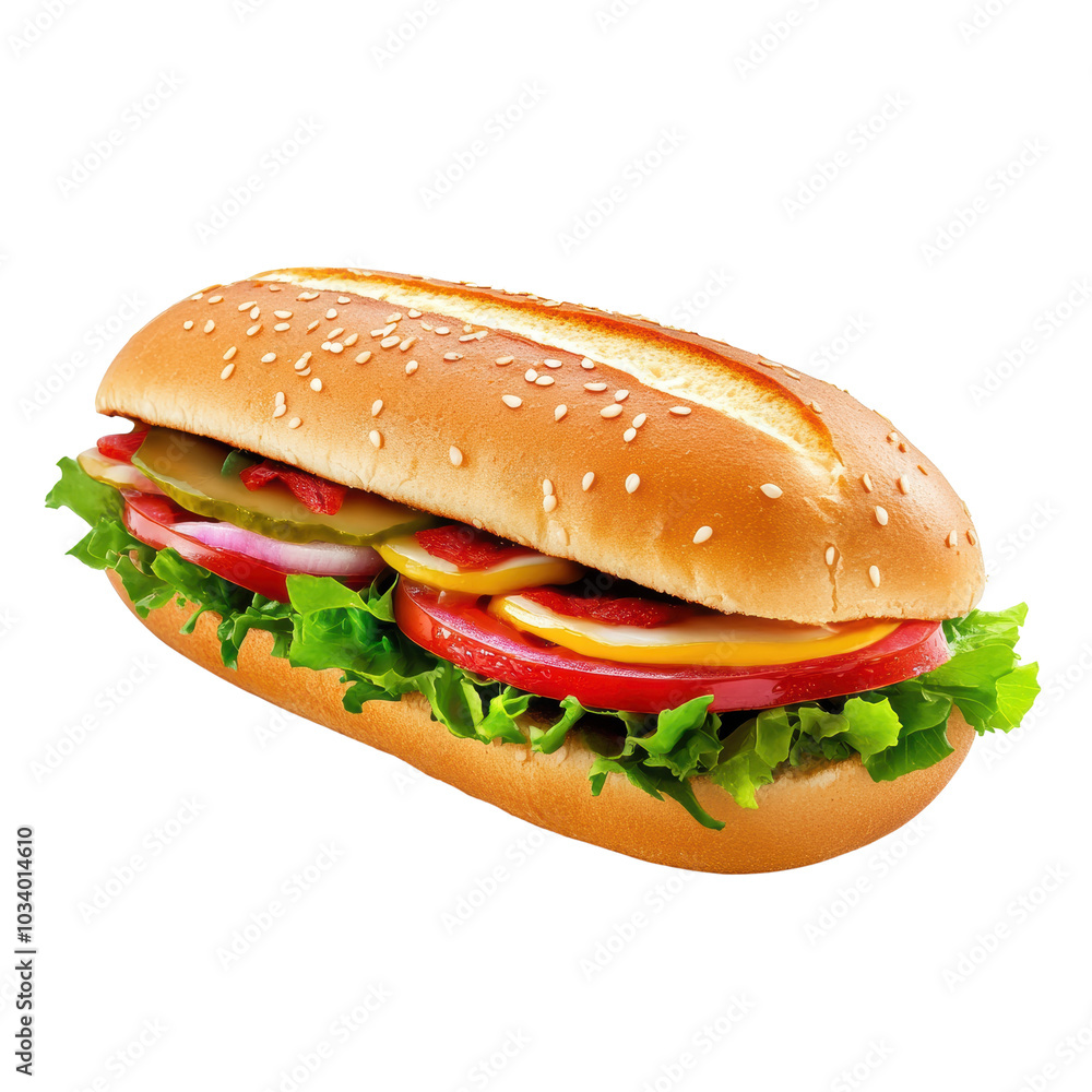 Delicious loaded sub sandwich with fresh vegetables, cheese, and savory meats, all nestled in sesame seed bun, perfect for satisfying meal Delicious loaded sub sandwich with fresh vegetables, cheese, and savory meats, all nestled in sesame seed bun, perfect for satisfying meal