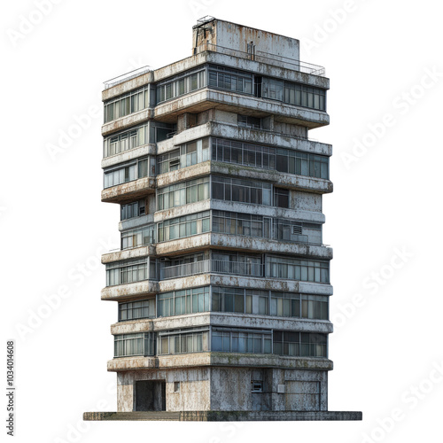decaying modernist building showcasing weathered concrete and rusted metal elements. structure features large glass windows, reflecting its deteriorating state and evoking sense of nostalgia