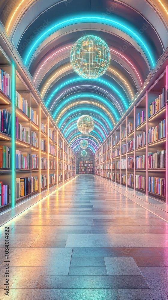 Sci-fi library with holographic books floating above glowing neon floors, knowledge spheres projected mid-air, a space for advanced learning Sci-fi library with holographic books floating above glowing neon floors, knowledge spheres projected mid-air, a space for advanced learning