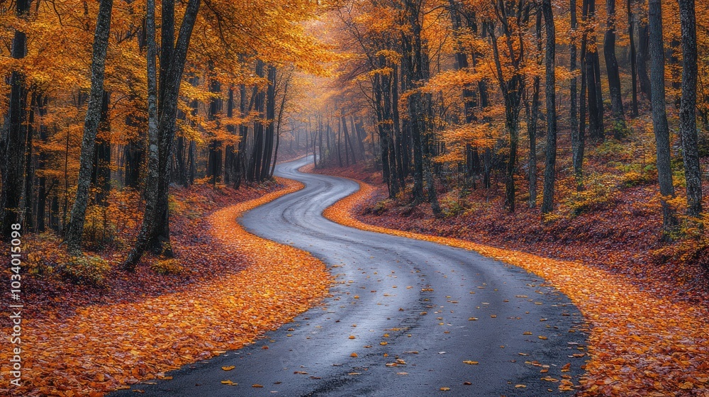 Serene winding road through an autumn forest with vibrant leaves. Serene winding road through an autumn forest with vibrant leaves.