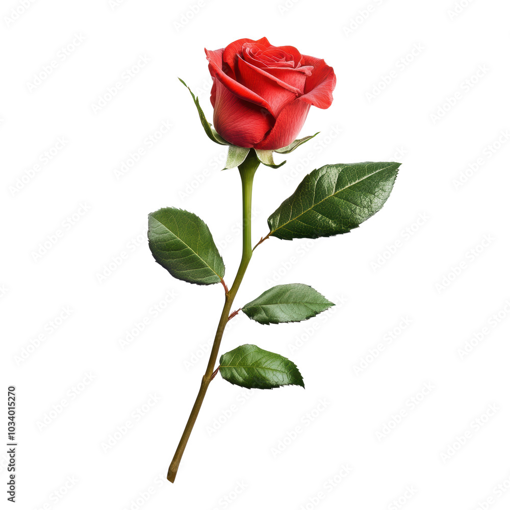 Obraz premium stunning red rose blossom with vibrant petals and lush green leaves, symbolizing love and beauty. This elegant flower stands out beautifully, perfect for any romantic occasion