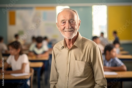 Portrait of a smiling man in his 70s wearing a simple cotton shirt over lively classroom background