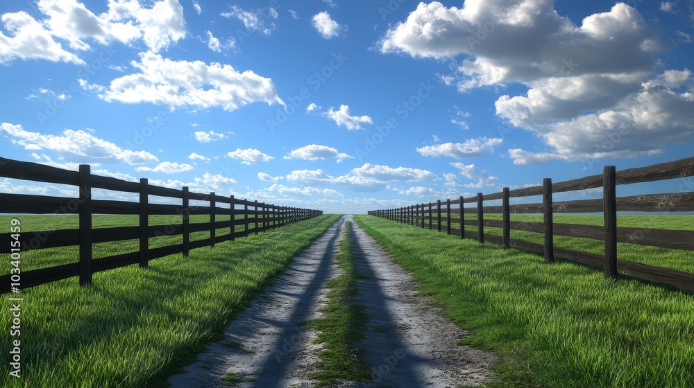 Quaint countryside road bordered by wooden fences and lush green grass Quaint countryside road bordered by wooden fences and lush green grass