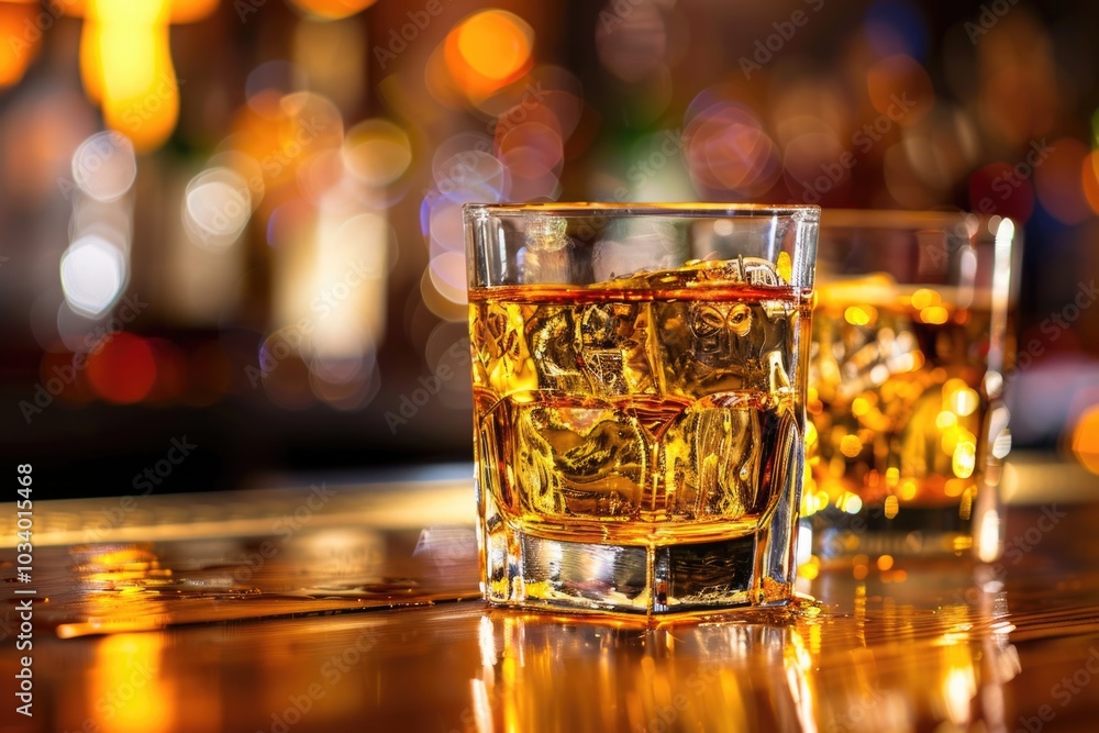 Two glasses of whiskey sit on top of a wooden table, perfect for a cozy evening or a rustic gathering Two glasses of whiskey sit on top of a wooden table, perfect for a cozy evening or a rustic gathering