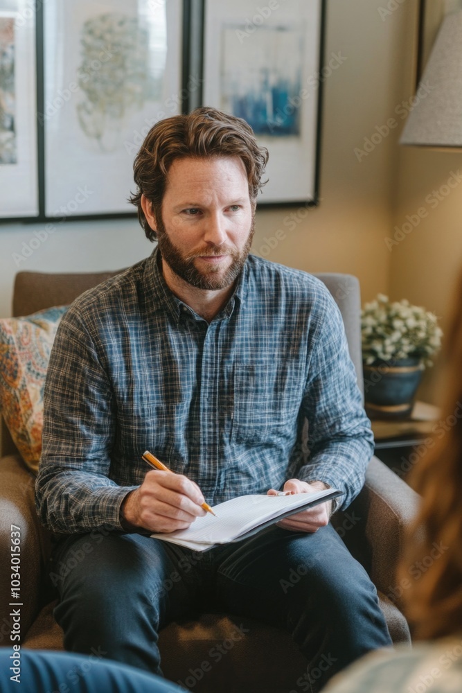 A person sitting on a couch, taking notes with a pen and paper A person sitting on a couch, taking notes with a pen and paper