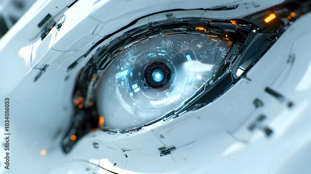 3D Close-up of Robotic Eye Reflecting Holographic Sale Icons on Isolated White Background - Macro Image Showcasing Futuristic Automated Buying Concept 3D Close-up of Robotic Eye Reflecting Holographic Sale Icons on Isolated White Background - Macro Image Showcasing Futuristic Automated Buying Concept