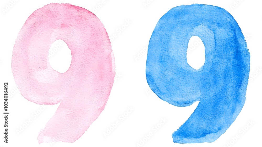 Watercolor Painting of the Number 9 with Gentle Hues Blending Together on an Isolated Background Watercolor Painting of the Number 9 with Gentle Hues Blending Together on an Isolated Background