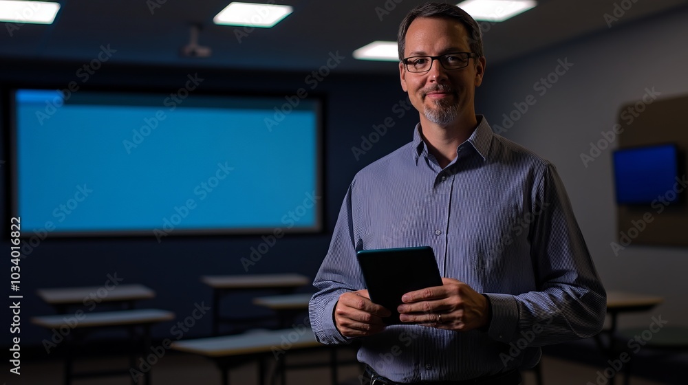 Confident Businessman Holding Tablet in Modern Office Confident Businessman Holding Tablet in Modern Office
