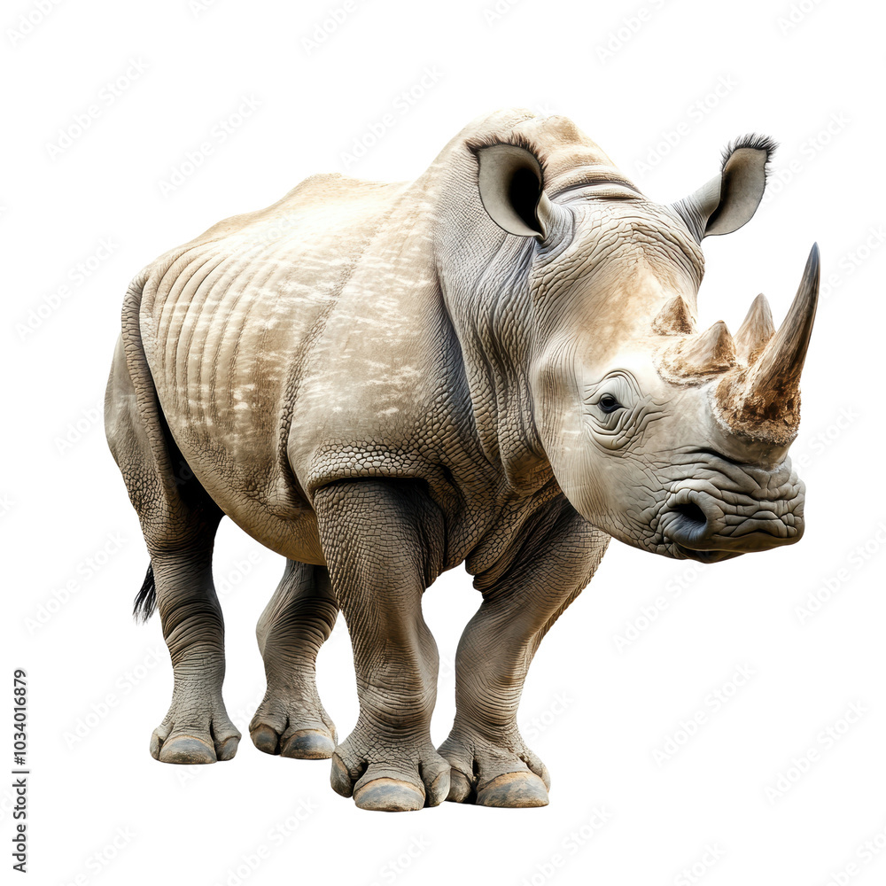 Fototapeta premium Majestic rhinoceros standing proudly, showcasing its impressive horn and textured skin. This magnificent creature embodies strength and resilience in wild