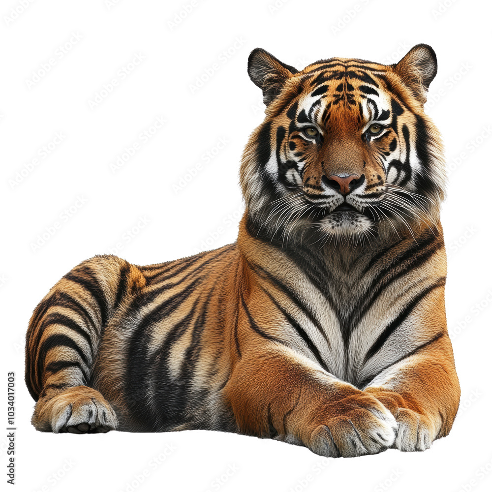 Fototapeta premium Majestic tiger portrait showcasing its striking features and powerful presence. tigers fur is vibrant and detailed, reflecting its natural beauty and strength