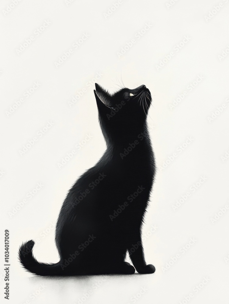 Black cat silhouette looking upwards on a white isolated background. Black cat silhouette looking upwards on a white isolated background.