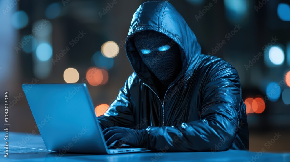 mysterious figure in dark hoodie is intensely focused on laptop, surrounded by blurred cityscape at night. glowing eyes add eerie atmosphere, highlighting theme of cybercrime mysterious figure in dark hoodie is intensely focused on laptop, surrounded by blurred cityscape at night. glowing eyes add eerie atmosphere, highlighting theme of cybercrime
