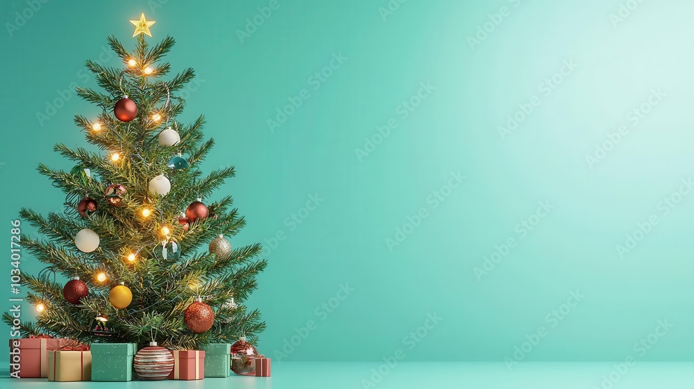 Christmas tree with solar-powered lights and upcycled ornaments, eco-friendly holiday, 3D illustration Christmas tree with solar-powered lights and upcycled ornaments, eco-friendly holiday, 3D illustration