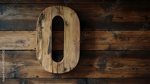 Photograph showcasing a handcrafted wooden number zero with a weathered rustic and vintage inspired aesthetic set against an isolated background highlighting the natural texture and minimalist design