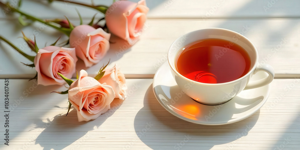 A cup of tea alongside dry rose flowers on a light textured background, creating a soothing and elegant atmosphere. Perfect for lifestyle photography, wellness themes, and relaxation. A cup of tea alongside dry rose flowers on a light textured background, creating a soothing and elegant atmosphere. Perfect for lifestyle photography, wellness themes, and relaxation.