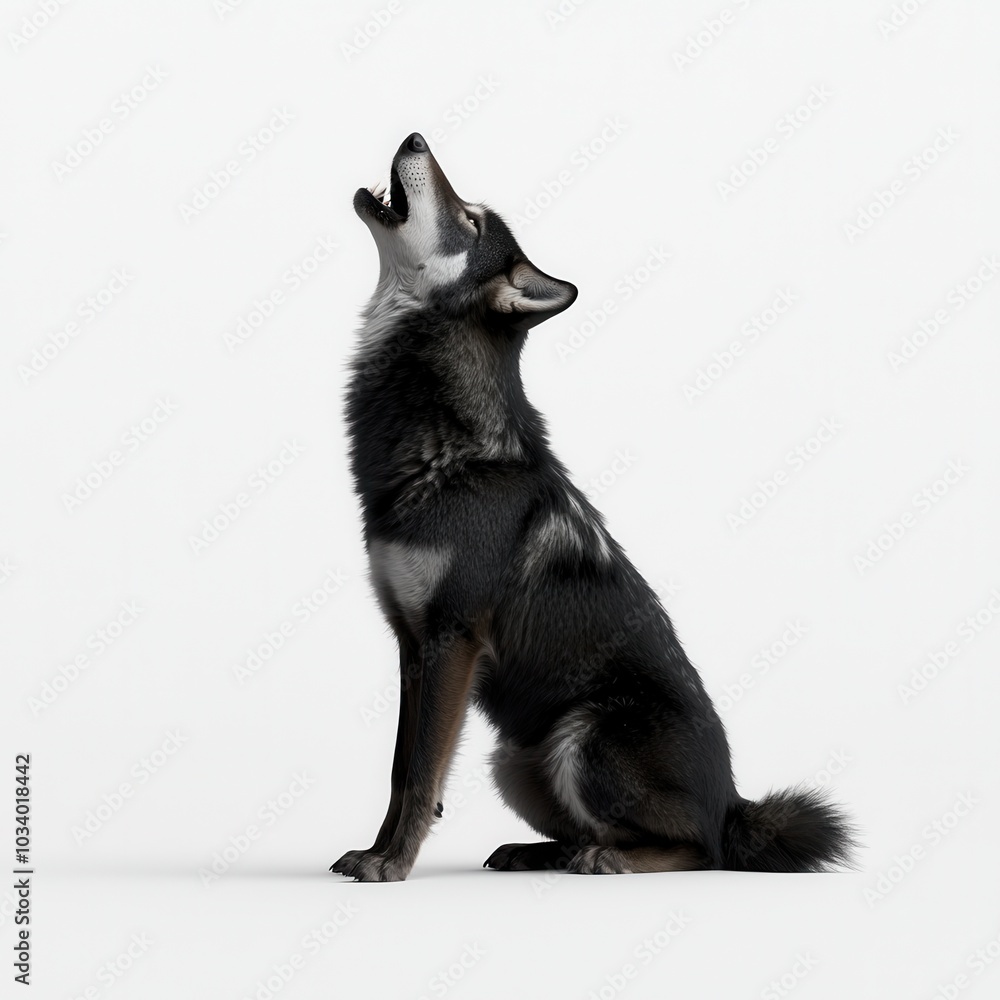A black dog howling against a white isolate background. A black dog howling against a white isolate background.
