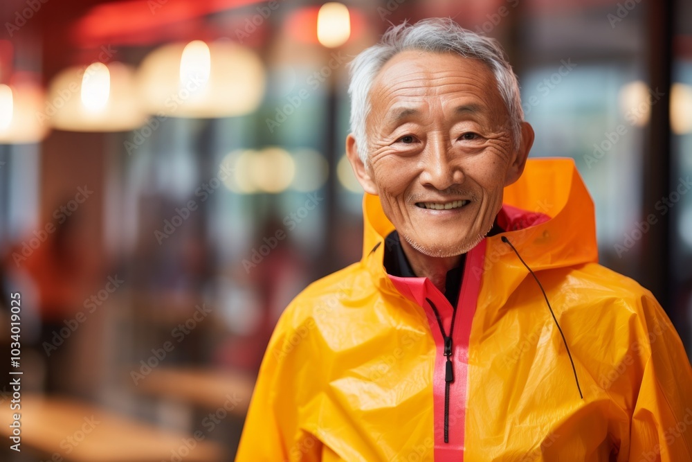 Portrait of a glad asian man in his 80s wearing a vibrant raincoat isolated on dynamic fitness gym background Portrait of a glad asian man in his 80s wearing a vibrant raincoat isolated on dynamic fitness gym background