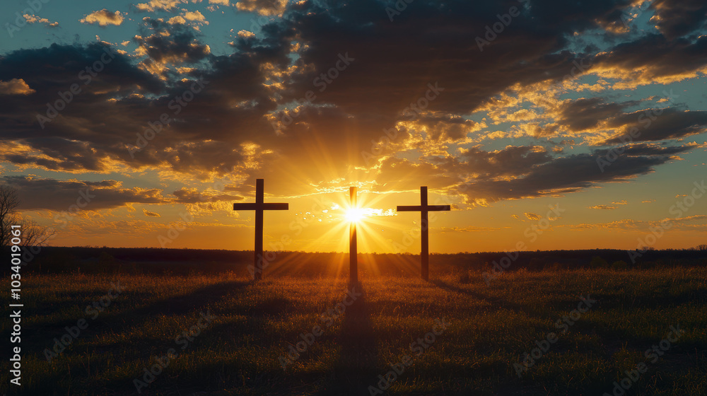 Obraz premium The Three Crosses on Calvary in the Sunset. Christianity and Jesus Christ simbolism.