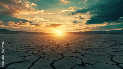 A dramatic sunset over a cracked, dry desert landscape.